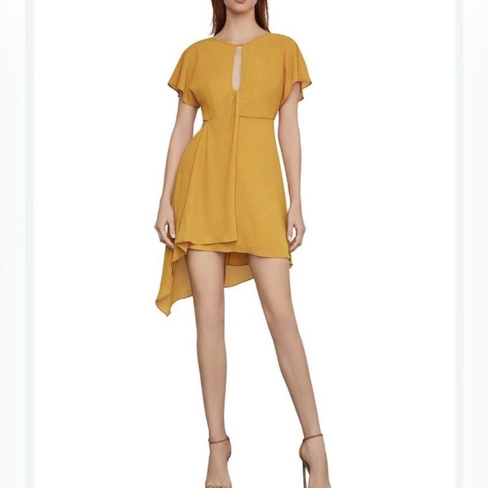 BCBG MaxAzria Draped Asymmetric Chiffon Crepe Mini Dress Honey Gold Size Small